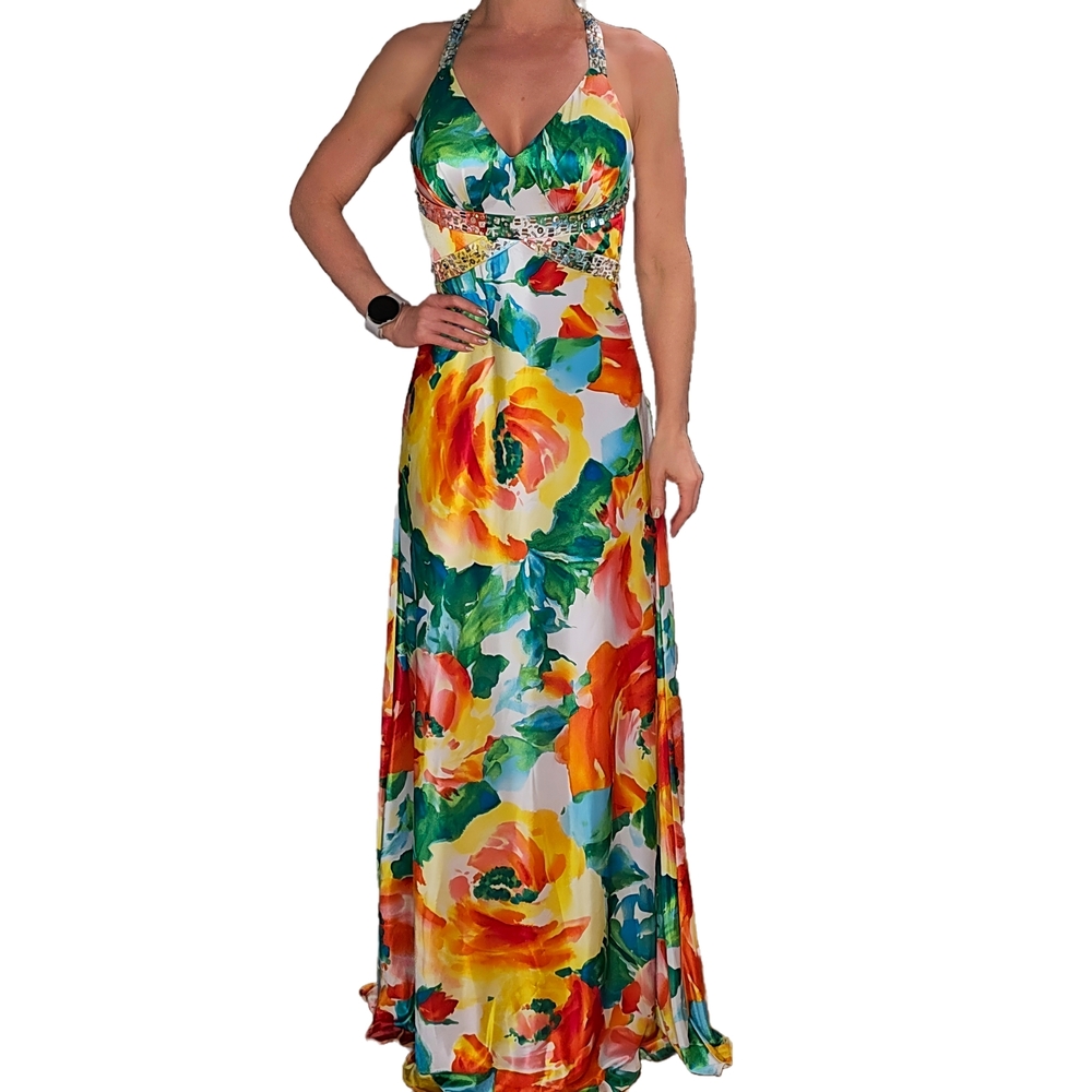 Morgan & Co. colorful floral maxi dress w halter neck,beaded bodice, & open SZ S